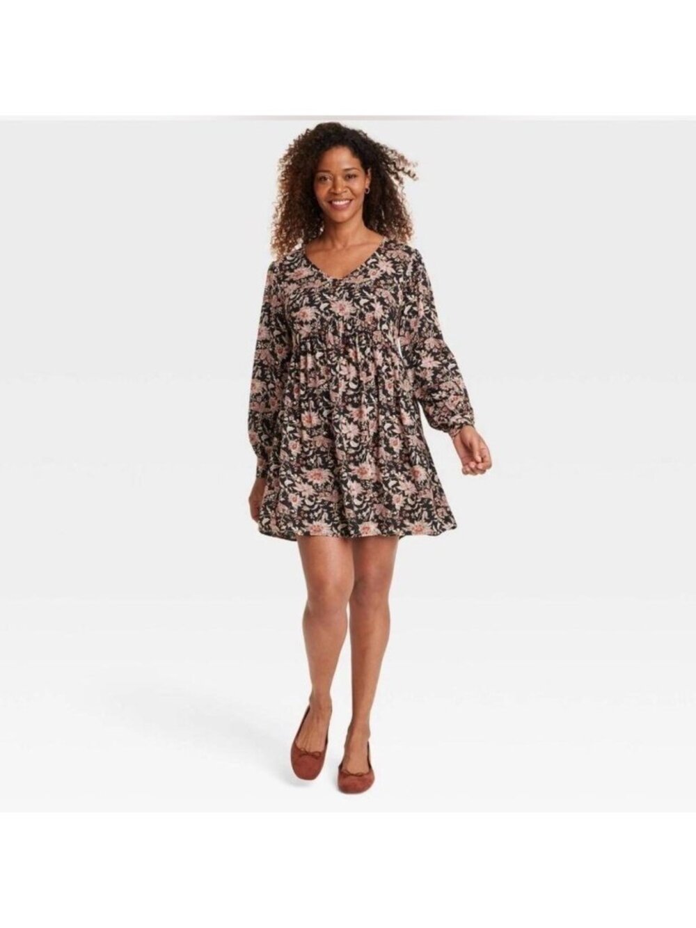 Knox Rose Black Brown Floral Tiered Mini Dress Long Sleeve Large Boho Peasant